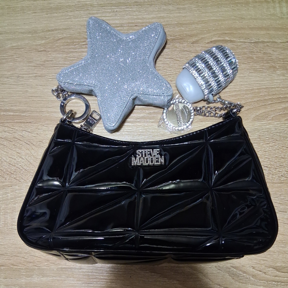 Steve Madden Black Patent Shoulder Bag with B&BW and Victoria's Secret Keychains